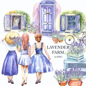 Franse lavendelboerderij, gezellige lila Provence bloemen, BFF, vrienden, vlinder, zeep, olie, PNG, bloemenaquarel, trouwkaarten, DIY