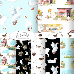 Watercolor Duck digital paper pack, Farm Animals, cute duckling, Nest, Pekin duck, Instant Download, seamless pattern