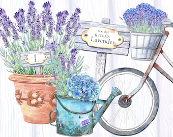 Lilac Lavender - Cosy Provence - Butterfly - Blue Hydrangeas - Bicycle -Digitale Clipart PNG - Floral Watercolor - Wedding cards - DIY
