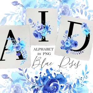 Acuarela Azul Rosas Alfabeto Floral, Letras Embellecidas Números, Clipart, PNG, Monograma de Decoración de Bodas
