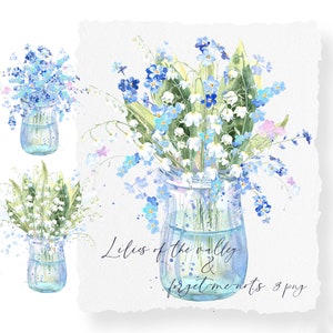 Lily of the valley, forget me not vintage bouquet floral clipart, garden,may, easter, garden, mother's day card. Watercolor wedding