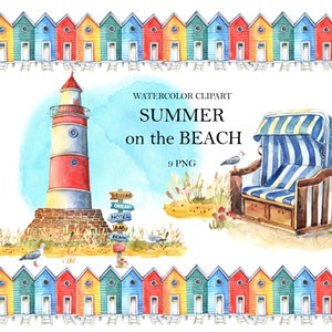 Shells, ocean, sea, seagull, beach, happy holidays, lighthouse, watercolor clipart,  PNG, Instant Download