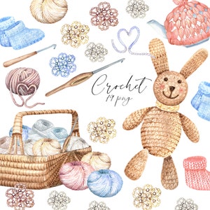 May include: A collection of crochet items including a basket of yarn, a crocheted bunny, a teapot, a pair of booties, and several crocheted flowers. The text "Crochet 19 png" is written in the center of the image.