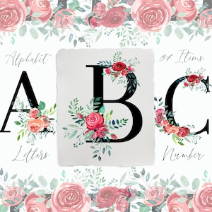 Alfabeto floral de rosas rojas acuarela, números de letras embellecidas, imágenes prediseñadas, PNG, monograma decoración de boda