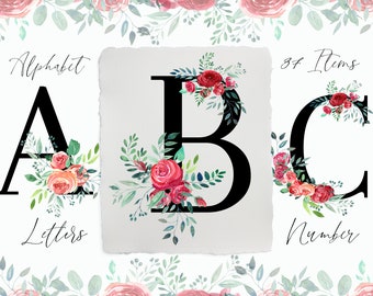 Watercolor Red Roses Floral Alphabet, Embellished Letters Numbers, Clipart, PNG, Wedding Decor Monogram