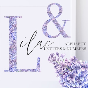Alfabeto floral lila púrpura acuarela, números de letras adornadas, imágenes prediseñadas, PNG, monograma decoración de boda
