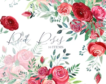Watercolor red roses floral clipart, mother&#39;s day card, wedding background, plant. Hand painted heart, PNG