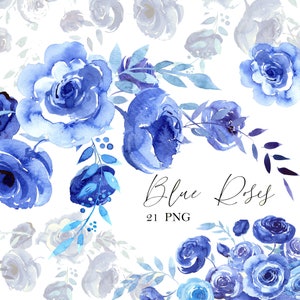 Clipart floral de rosas azuis aquarela, cartão de dia das mães, fundo de casamento, planta. Coração Pintado à Mão, PNG