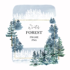 Watercolor winter forest frame, Landscape, tree clipart, woodland pine trees, mountain, wedding invitation, digital, PNG