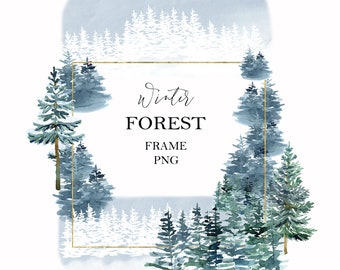 Watercolor winter forest frame, Landscape, tree clipart, woodland pine trees, mountain, wedding invitation, digital, PNG