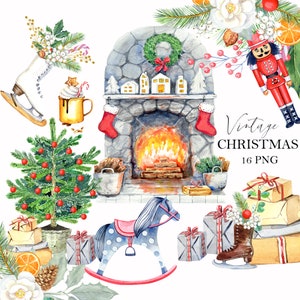 Decoração de Natal em aquarela clipart, quebra-nozes vintage, lareira, patins de gelo, pinheiro, retrô, clipart pintado à mão, cartão de felicitações