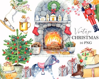Imágenes prediseñadas de decoración navideña en acuarela: Cascanueces vintage, Chimenea, Patín de hielo, Pino, Retro, Imágenes prediseñadas pintadas a mano, Tarjeta de felicitación