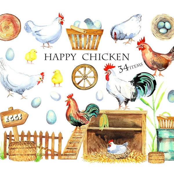 Watercolor Chickens Clipart, Farm Animals Clip art, Rooster, Hen, Bio Eggs, Coop, Chicks, Nest, Happy Chicken, Instant Download