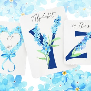 Aquarelle ne m'oublie pas Floral Alphabet, orné de lettres chiffres, Clipart, coeur, PNG, monogramme de décor de mariage
