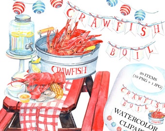 Hervir cangrejos de mar, imágenes prediseñadas de Luisiana, camarones, pescado, ilustración de acuarela de cocina de calamar, imágenes prediseñadas digitales, imágenes prediseñadas imprimibles