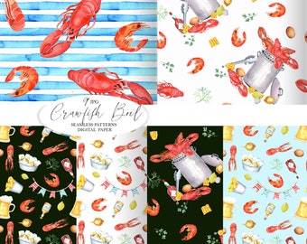 Mariscos cangrejo hervir patrón sin costuras, imágenes prediseñadas de Luisiana, camarones, pescado, cerveza, ilustración de acuarela de cocina de calamar, papel digital