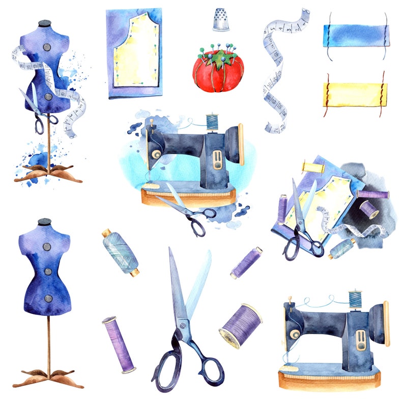Watercolor sewing clipart. Dress form sewing machine Etsy