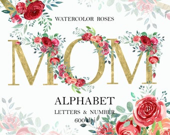 Watercolor Floral Alphabet, Gold Embellished Letters Numbers, Red roses Clipart, PNG, Wedding Decor Monogram