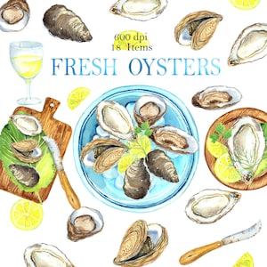 Watercolor seafood, oyster clipart, food clip art, digital PNG, printable poster