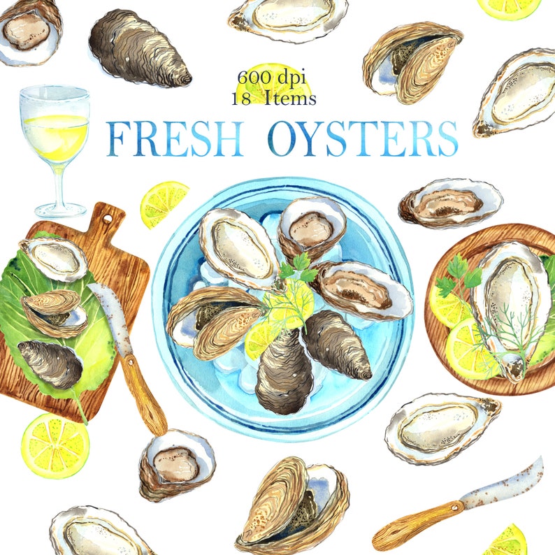 Watercolor seafood, oyster clipart, food clip art, digital PNG, printable poster image 1
