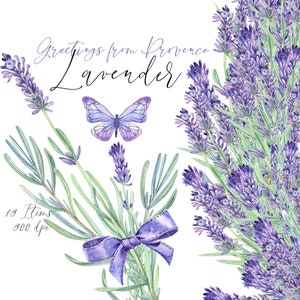 Lavanda lila francesa, acogedoras flores provenzales, mariposa, jabón, aceite, imágenes prediseñadas digitales PNG, acuarela floral, tarjetas de boda, bricolaje
