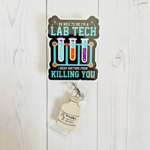 Funny lab tech chemist pharmacist themed badge reel