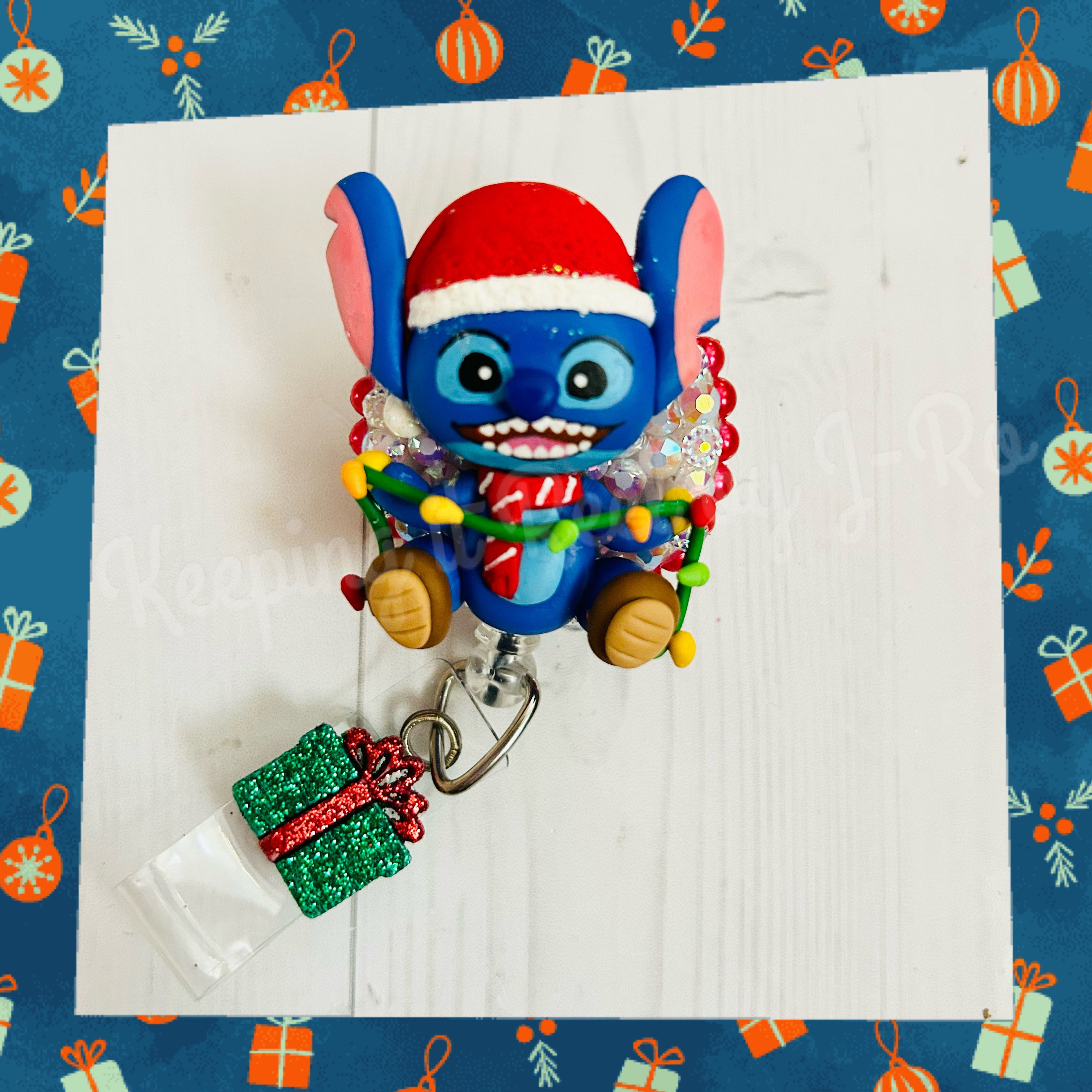 Adorable Christmas Lights Stitch Themed Badge Reel 