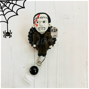 Mr Frankenstein themed badge reel on belt loop