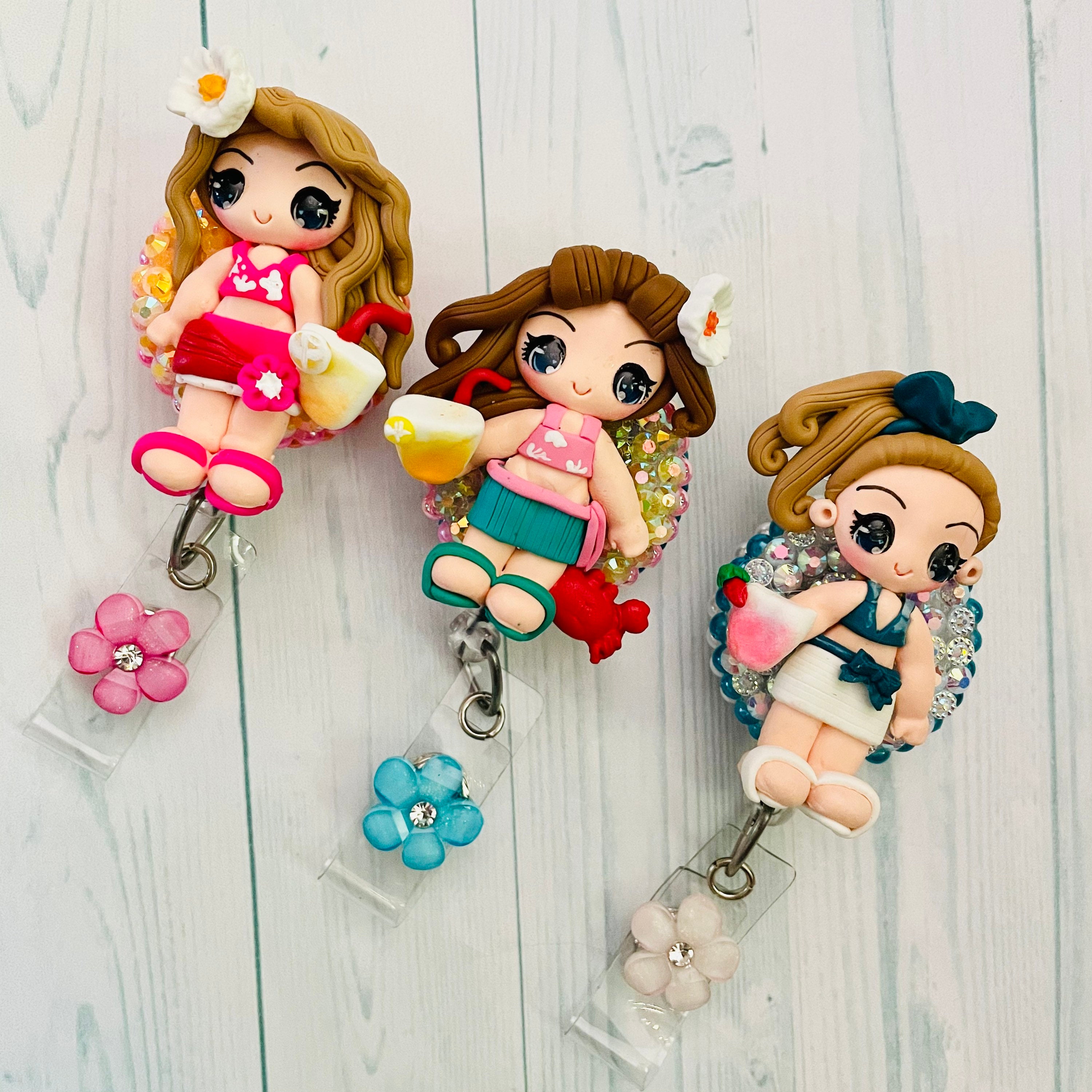 Summer Cocktail Girl Badge Reel: Handmade Clay Belt Loop