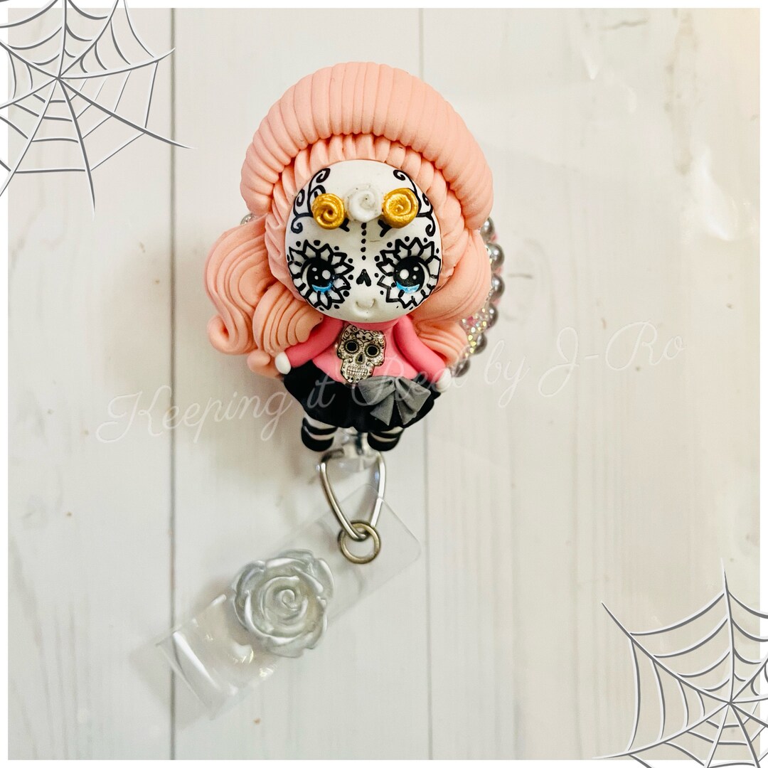 Modern Day of the Dead Katrina, Sugar Skull Badge Reel Etsy