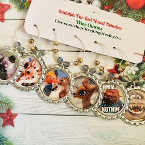 Rudolph the red nosed reindeer themed wine charms