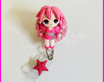 80s cartoon pink rockstar jem inspired badge reel