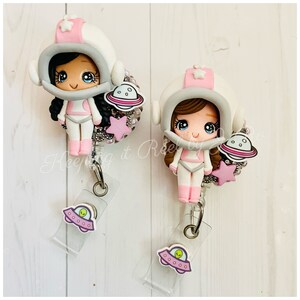 Astronaut female badge reel, space badge reel on belt loop