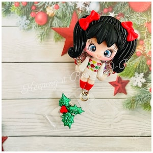 Christmas cutie dark haired themed badge reel