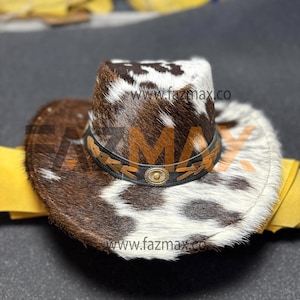 Handmade Leather Cowboy Hat Western Style, hair-on Cowhide Leather Top Hat,Vintage Look Hat fur, Comfortable Fit,Gift For Cowboy fazmax