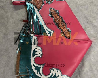 Hand-Tooled Red Leather Rodeo Chaps: Custom Western Bull Riding Gear