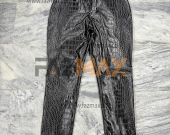 Men's Black Crocodile Embossed Leather Pants: Slim Fit Biker Style