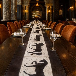Puede incluir: Una larga mesa de comedor de madera oscura preparada para un evento formal. La mesa está adornada con un camino de mesa decorativo con siluetas de caballos negros sobre un fondo blanco y marrón. Copas de vino y platos están colocados para cada invitado, con sillas de terciopelo naranja.
