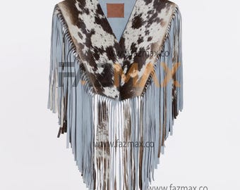 Handmade Cowhide Leather Fringe Shawl: Western Rodeo Cowgirl Cape