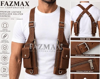 May include: A brown leather shoulder holster harness featuring multiple pockets, adjustable straps with metal buckles, and zipped compartments. The design includes a front view, a back view with cross-straps, and close-up details of the hardware.