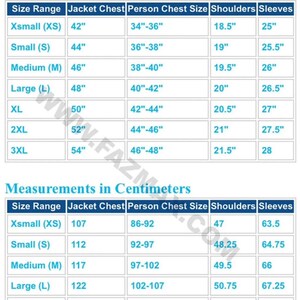 May include: Size chart with measurements in inches and centimeters for jackets. Includes size ranges from Xsmall to 3XL, with jacket chest, person chest size, shoulder, and sleeve measurements in inches and centimeters.