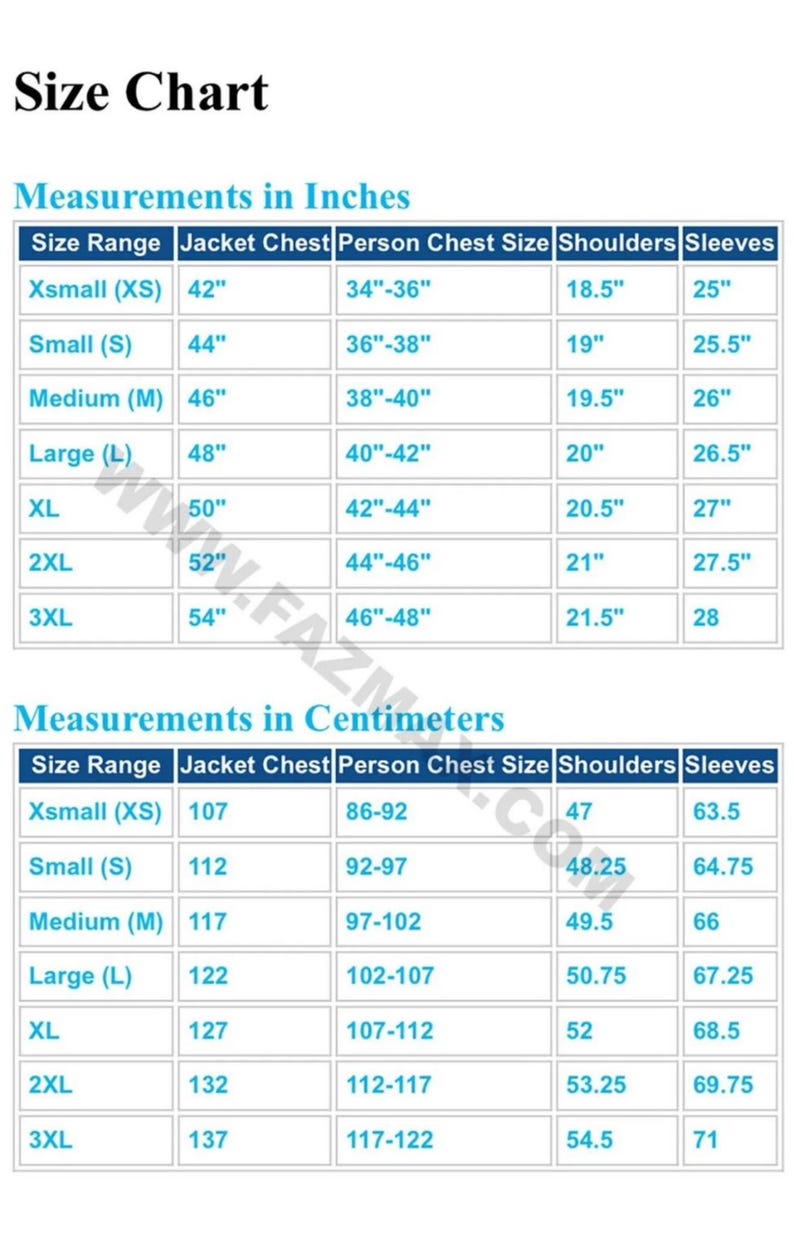May include: Size chart with measurements in inches and centimeters for jackets. Includes size ranges from Xsmall to 3XL, with jacket chest, person chest size, shoulder, and sleeve measurements in inches and centimeters.