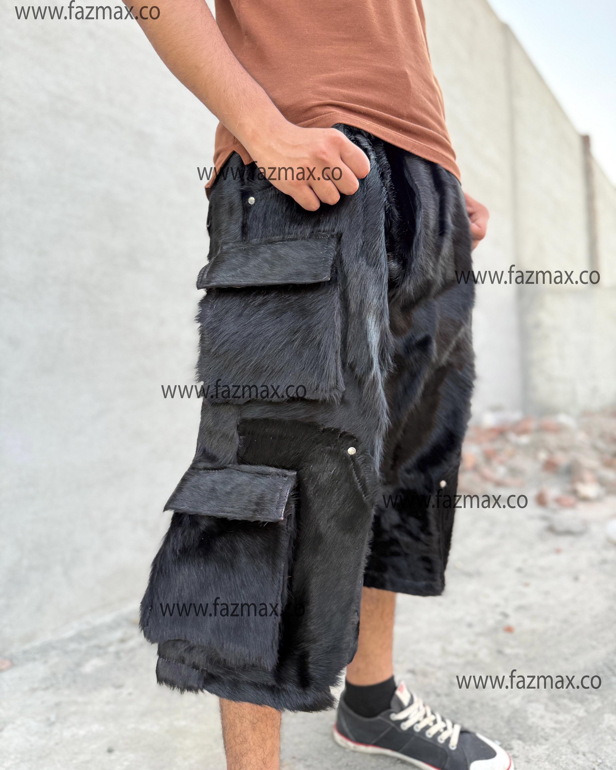 Black Cowhide Hair-On Cargo Shorts: Handmade Western Leather