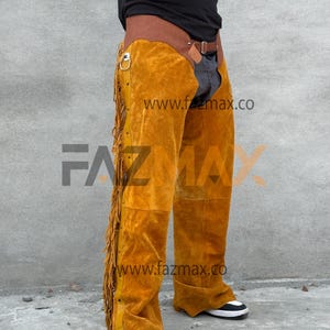 Mens western leather chap l Rodeo’s chap| fringe leather chap| cowboy horse riding chap| Brown leather chap | suede leather pant| Fazmax
