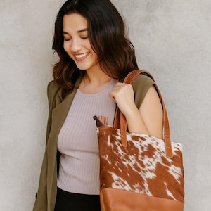 Damen Einkaufstasche aus Rindsleder | Hair-On Leder Verstecken Geldbörse | Pony Haut Schulter Handtasche | Western Leder Reisetasche Geschenk für ihren Fazmax