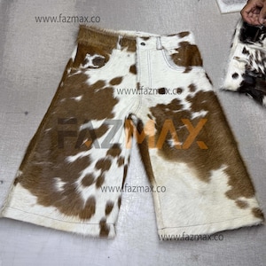 Womens Cowhide Brown Leather Shorts | Handmade Cowhide Flared leather Shorts  Hair on Handcrafted Western Rodeo Wear Shorts Fazmax