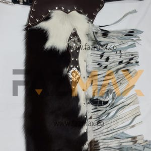Premium Hand-tooled Hair-On Western Cowhide Chaps – Real Leather Fringe Cowboy Chinks for Rodeo, Ranch, Horseback Riding bull Riding Fazmax