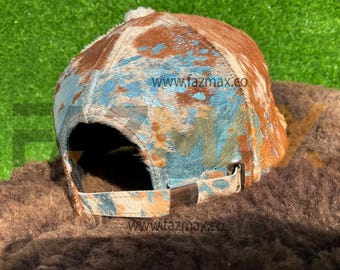 Acid wash Hair-On Hide Leather Baseball Cap: Handmade Western Style Cowhide Hat