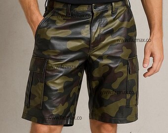 Pantalones cortos cargo de cuero camuflado hechos a mano: pantalones cortos utilitarios verde militar para hombre