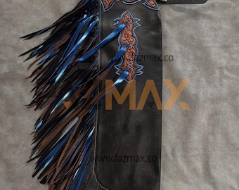 Hand-Tooled Leather Bull Riding Chaps: Western Rodeo Gear with Fringe